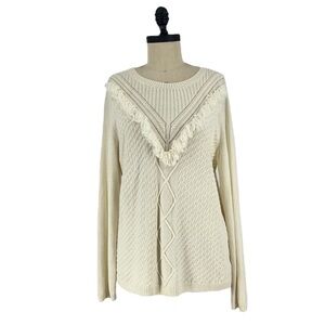 𝅺Talbots| Talbots fringe Cable knit wool blend ivory crewneck Sweater SZ L